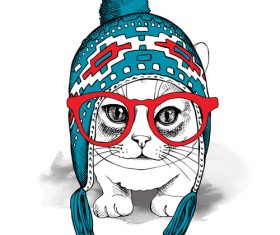 Cat alpaca chullo long knit hat glasses vector