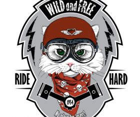 Cat biker helmet emblem wild vector