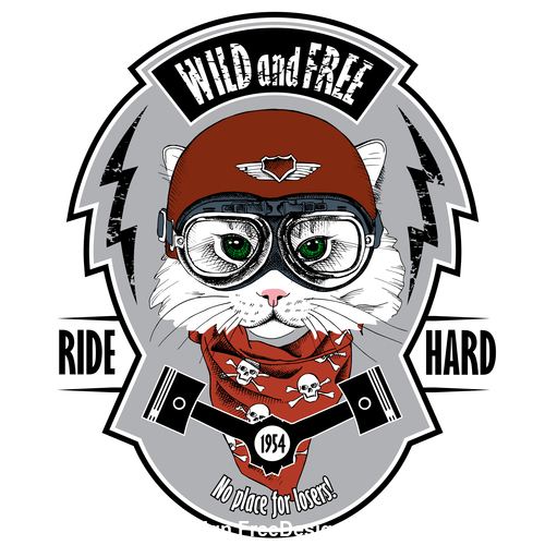 Cat biker helmet emblem wild vector