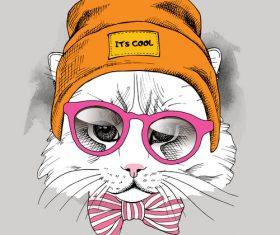 Cat glasses hipster hat vector