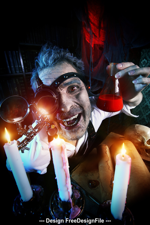 Crazy medieval scientist working Alchemist Halloween Stock Photo 04