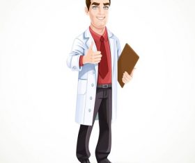 Cute male doctor in medical coat shows gesture thumbs up isolated on white background vector