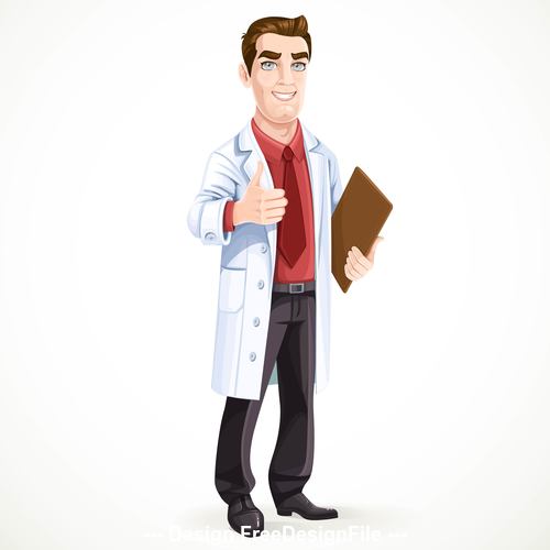 Cute male doctor in medical coat shows gesture thumbs up isolated on white background vector
