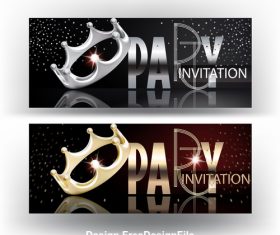 Elegant party banners with gold and silver shiny letters and crowns vector