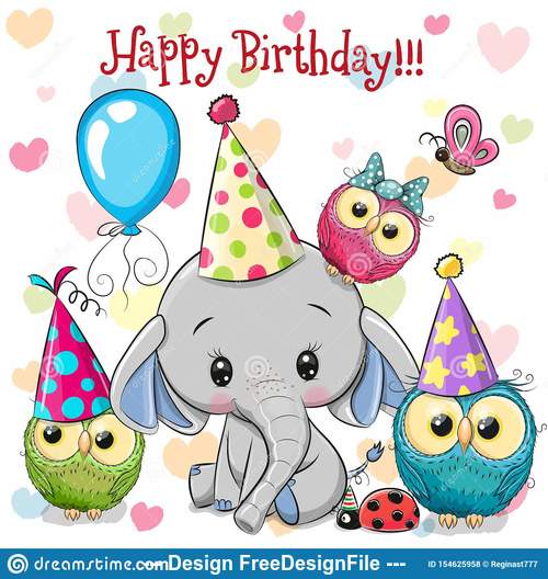 Elephant and owl animal birthday card vector