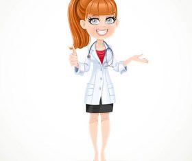 Female doctor wearing white medical suit thumbs up vector