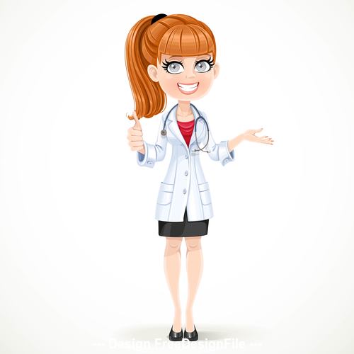 Female doctor wearing white medical suit thumbs up vector