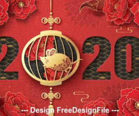 Flaming background flower and golden rat 2020 Chinese style new year vector