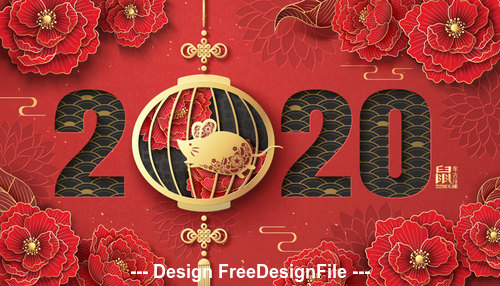 Flaming background flower and golden rat 2020 Chinese style new year vector