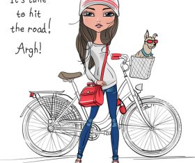 Girl and pet dog vector sitting on bicycle