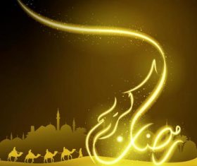 Glow arabic calligraphy Ramadan Kareem and silhouette arabian landscape vector