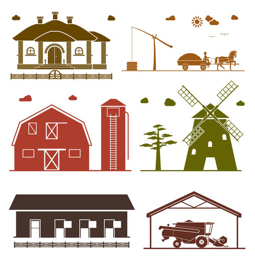 Granary and windmill silhouette vector