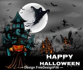 Halloween pumpkin and ghost with Witch on drake blue and house hunted greeting card template vector
