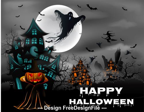 Halloween pumpkin and ghost with Witch on drake blue and house hunted greeting card template vector