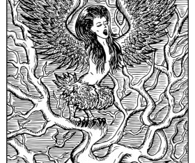 Harpy engraved fantasy illustration vector