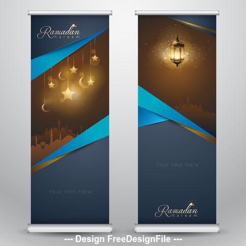 Islamic greeting on roll up banner Ramadan Kareem vertical template design with mosque and arabic lantern vector