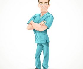 Men doctor in a green surgical suit and folded hands on chest vector