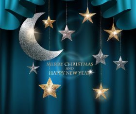 Merry christmas background with textured sparkling gold and silver stars and blue theater curtains vector