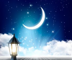Night background with crescent moon and wooden floor and lamp vector