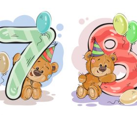 Number 7 and 8 and teddy bear cartoon vector