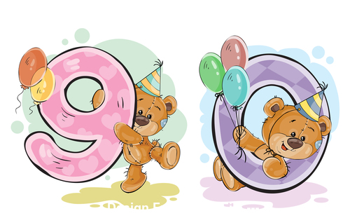 Number 9 and 10 and teddy bear cartoon vector