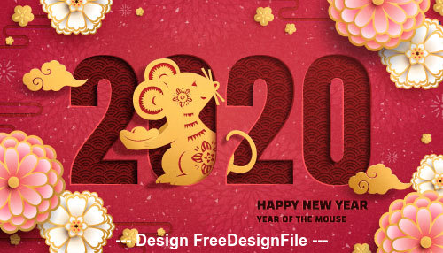 Red background golden rat festive 2020 new year vector