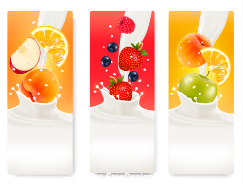 Three banners with colorful fruits and coconut splash in milk vector