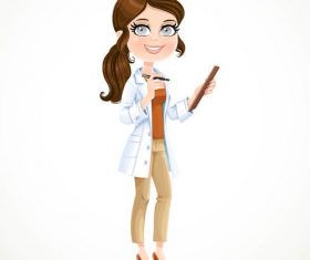 Woman doctor in a white medical coat holding a pen and a medical history vector
