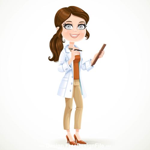 Woman doctor in a white medical coat holding a pen and a medical history vector