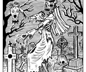 Zombie Bride engraved fantasy illustration vector