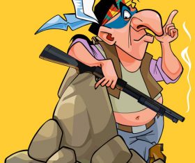 cartoon Injun with a gun is leaning on the stone vector