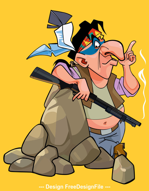 cartoon Injun with a gun is leaning on the stone vector