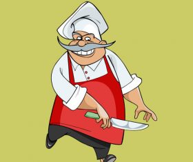 cartoon happy chef jumping with a knife in his hand vector