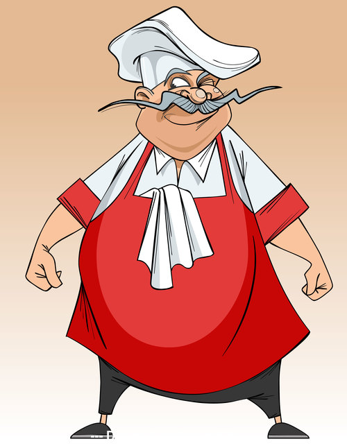 cartoon happy fat mustachioed chef vector