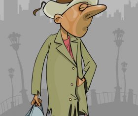 cartoon homeless man in a tattered coat with bag in hand vector