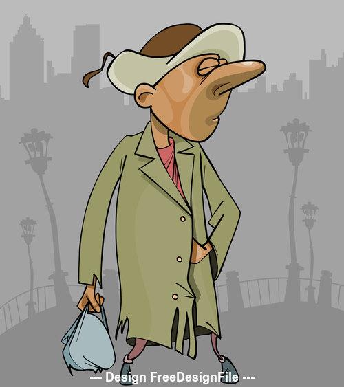 cartoon homeless man in a tattered coat with bag in hand vector free  download