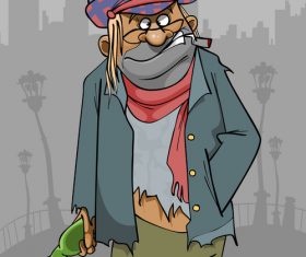 cartoon homeless man in ragged clothes with a bottle and a cigarette vector