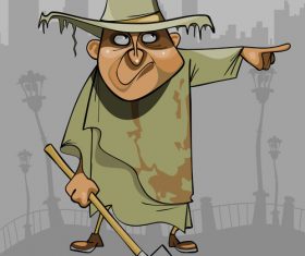 cartoon man in dirty ragged clothes with a shovel pointing in the direction vector
