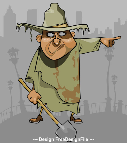 cartoon man in dirty ragged clothes with a shovel pointing in the direction vector