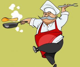 cartoon mustachioed chef joy jumping with a frying pan vector