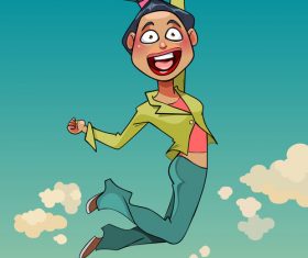 cartoon woman in a suit is happily jumping on a background of the sky vector
