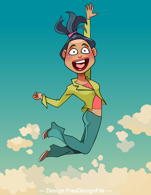 cartoon woman in a suit is happily jumping on a background of the sky vector