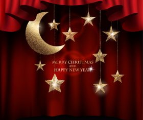 christmas background with textured gold sparkling stars and red theater curtains vector