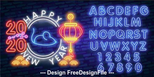 2020 new year neon greeting card alphabet vector
