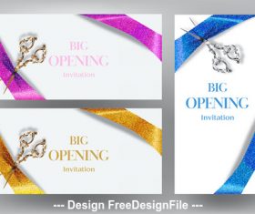 Big opening invitation cards with scissors and sparkling ribbons vector