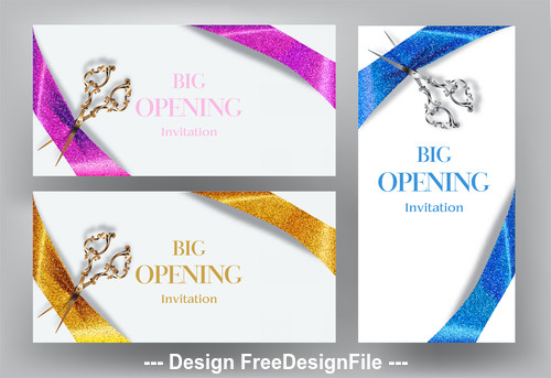 Big opening invitation cards with scissors and sparkling ribbons vector