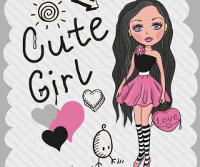 Black long hair cute girl vector