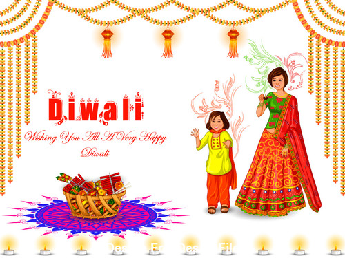 Cartoon Happy Diwali of India vector free download