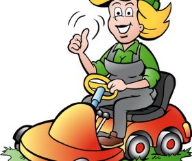 Cartoon driving lawnmower gardener lady vector