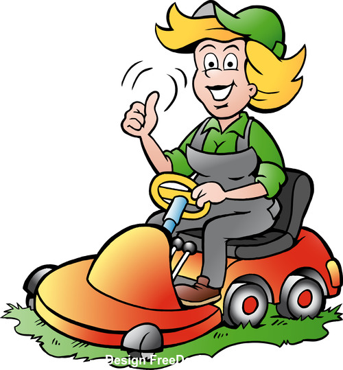 Cartoon driving lawnmower gardener lady vector